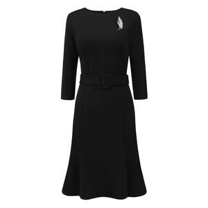Women's Funeral Dress with Brooch Boat Neck Fishtails Midi Dress Black